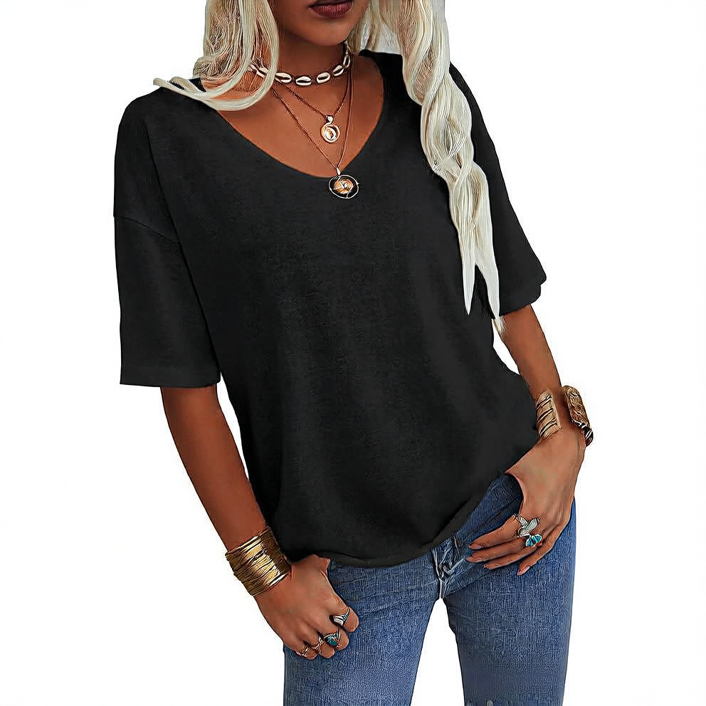 Women's T-shirt, V-neck, half-sleeved, loose shirt