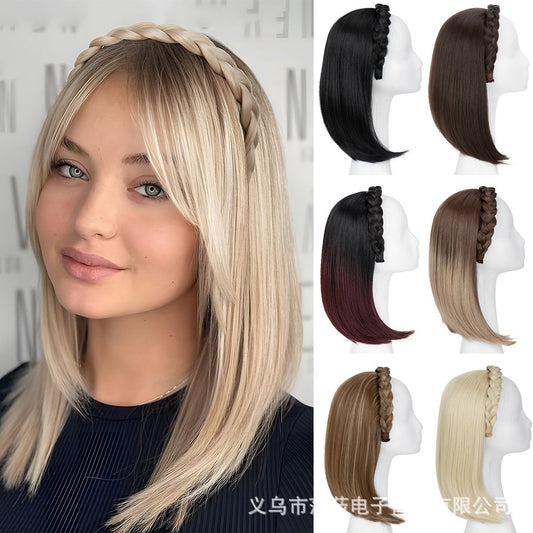 Long Straight Synthetic Hairpiece with Braided Headband High Temperature Fiber Full Volume Half Wig