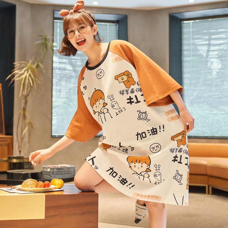 Women's Summer Cartoon Short Sleeve Pajama Dress - Loose Comfortable Home Wear
