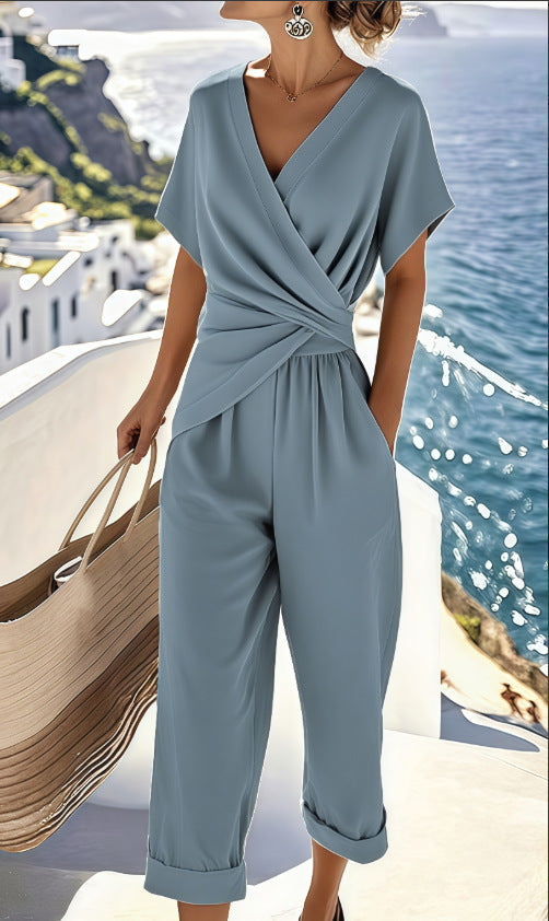 Womens Solid Color Asymmetrical Three-Quarter Sleeve T-Shirt and Nine-Point Pants Suit