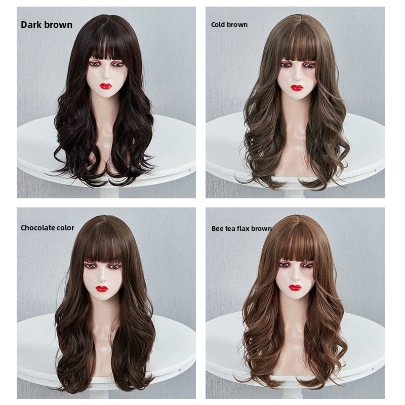 Wig Women's Long Hair Full Head Cover Large Wave Long Curly Hair Cyber Celebrity Cartoon Bangs Face Realistic Natural Wig Cover