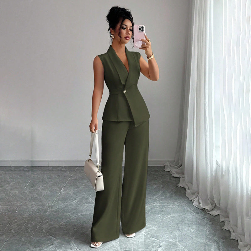 Women Sleeveless Suit and Straight Pants Two Piece Set