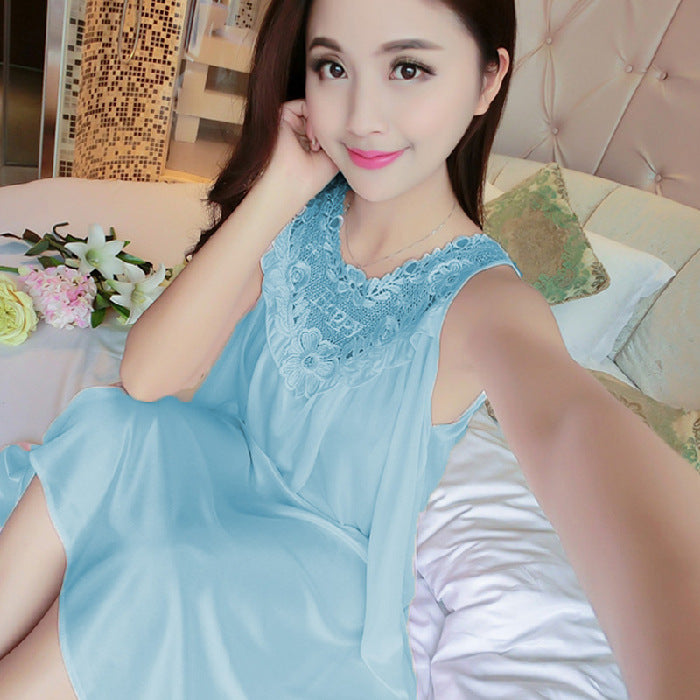 Sleeping dress, solid color sexy ice silk dress, vest dress, home wear