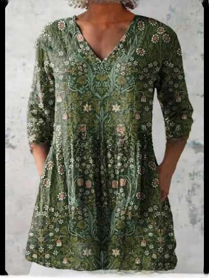 Women's Loose Digital Print V-Neck 3/4 Sleeve Tunic Top