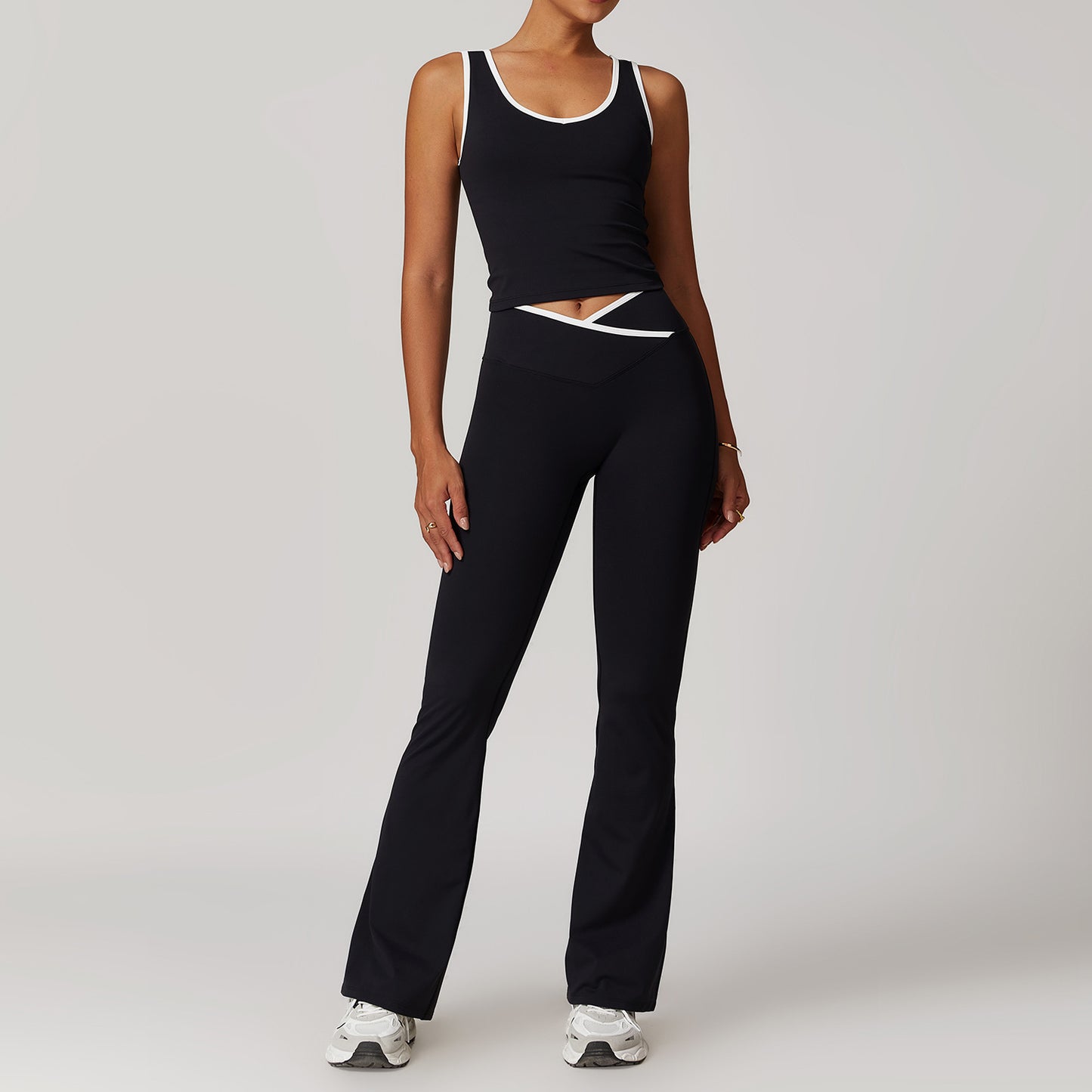 Contrast Color Sexy Tight Fitness Clothes suit V-Neck Sports Vest Quick-drying High Waist Cross Hip Lifting Yoga Flared Pants