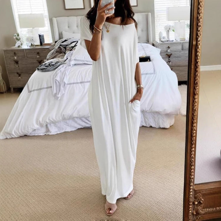 Women's Solid Color Long Casual Dress with Bat Sleeves