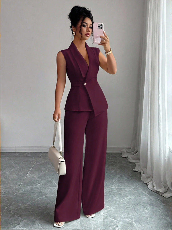 Women Sleeveless Suit and Straight Pants Two Piece Set