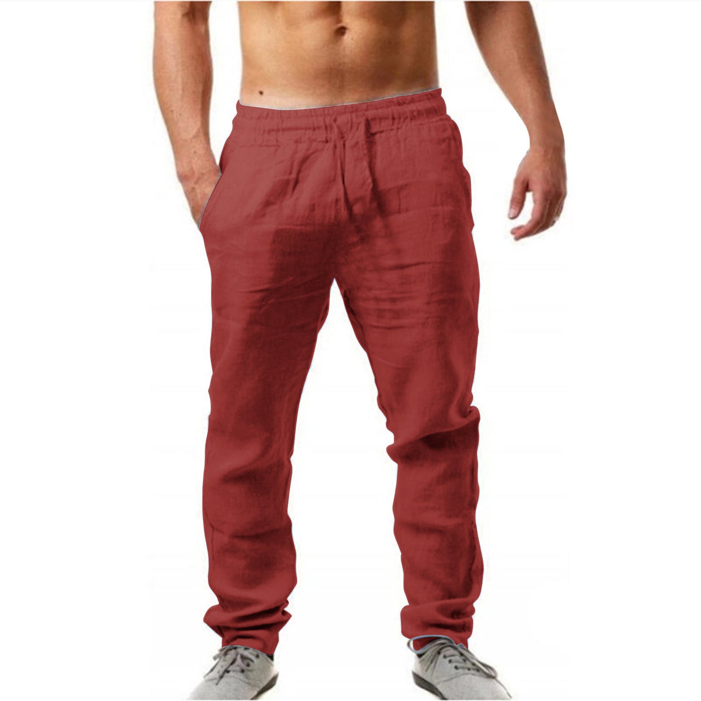 Mens Breathable Cotton Linen Casual Trousers