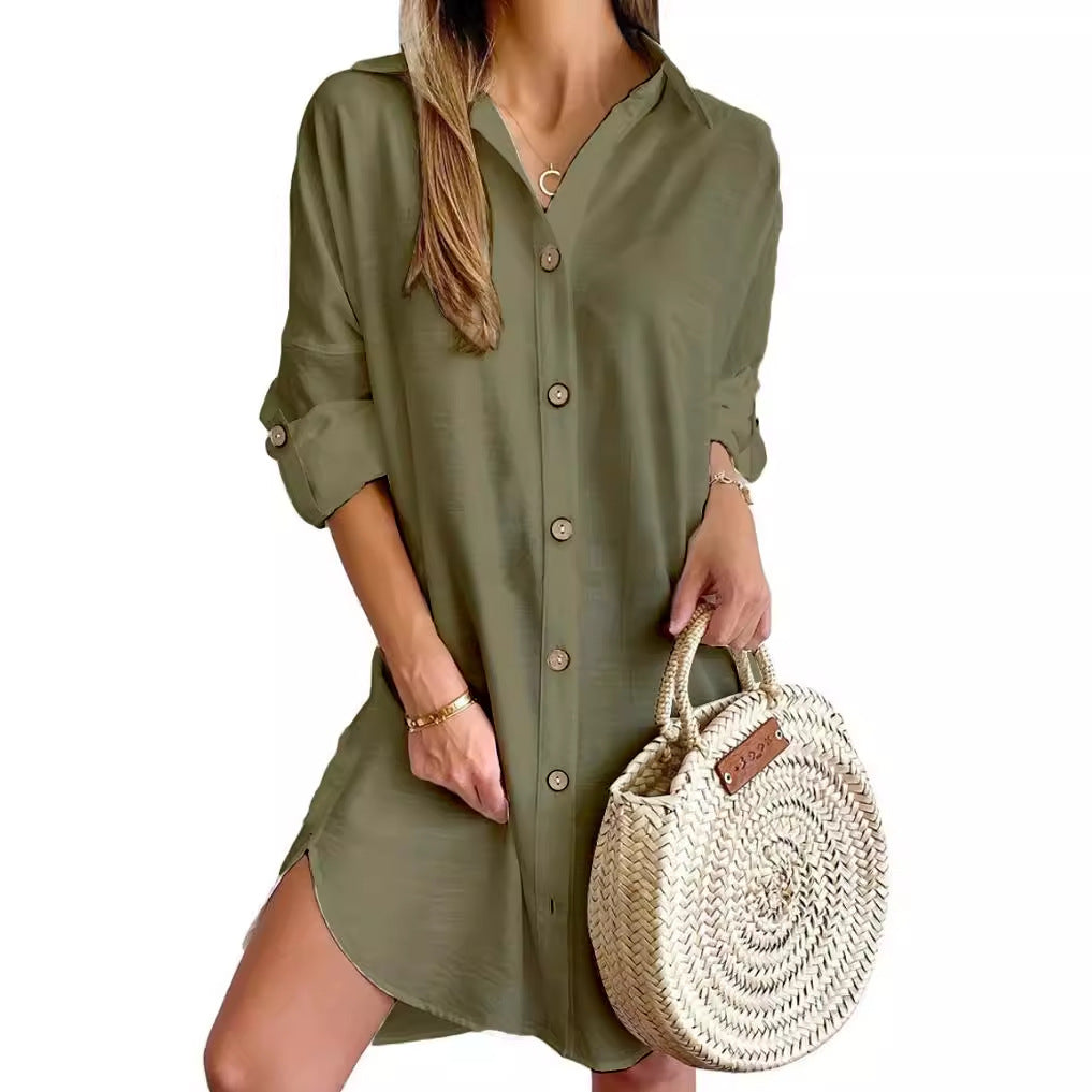 Cross-border 2024 independent station AliExpress explosions autumn casual long sleeve lapel button shirt dress women's clothing