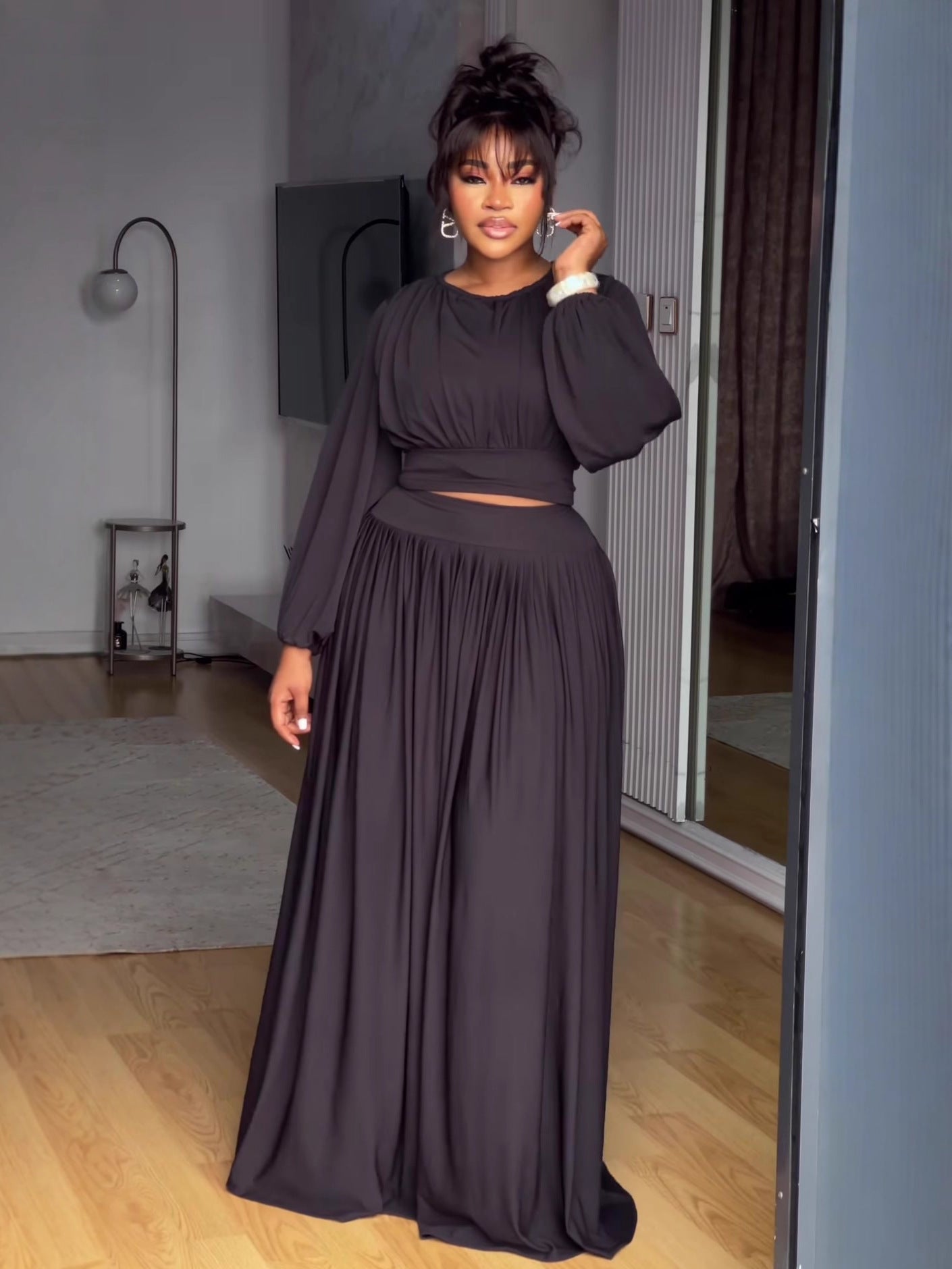 Round Neck Long Sleeve Elastic Waist Flared Skirt Set
