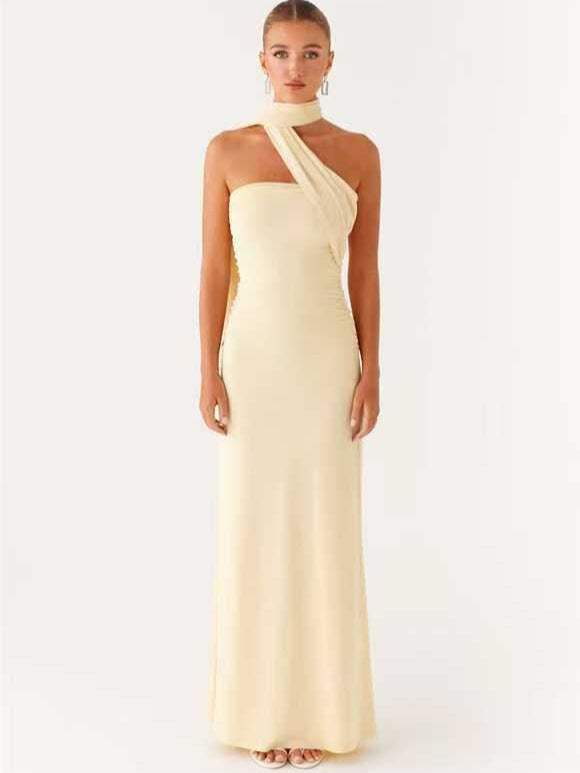 Neck-Wrap Ribbon Dress with Side Pleats
