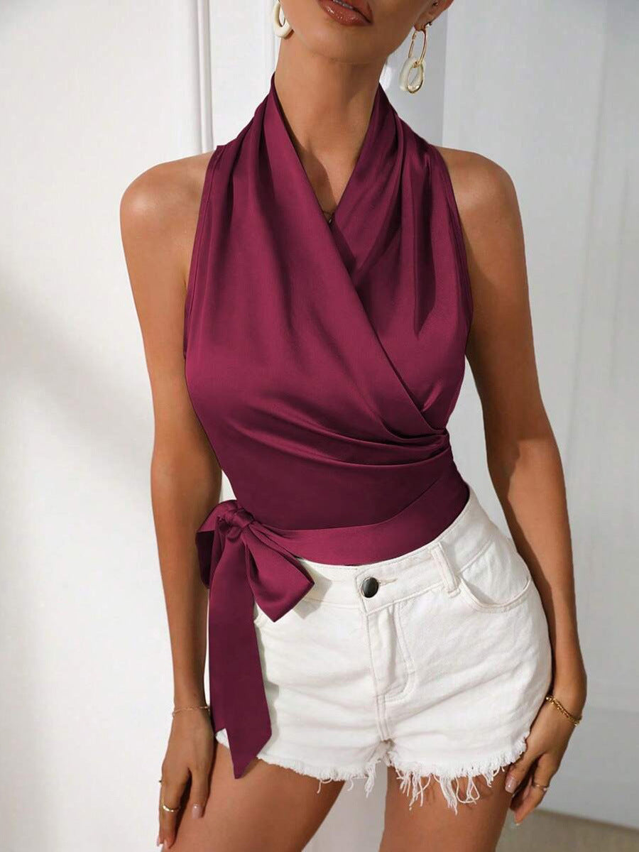 Satin Halter Neck Wrap Shirt