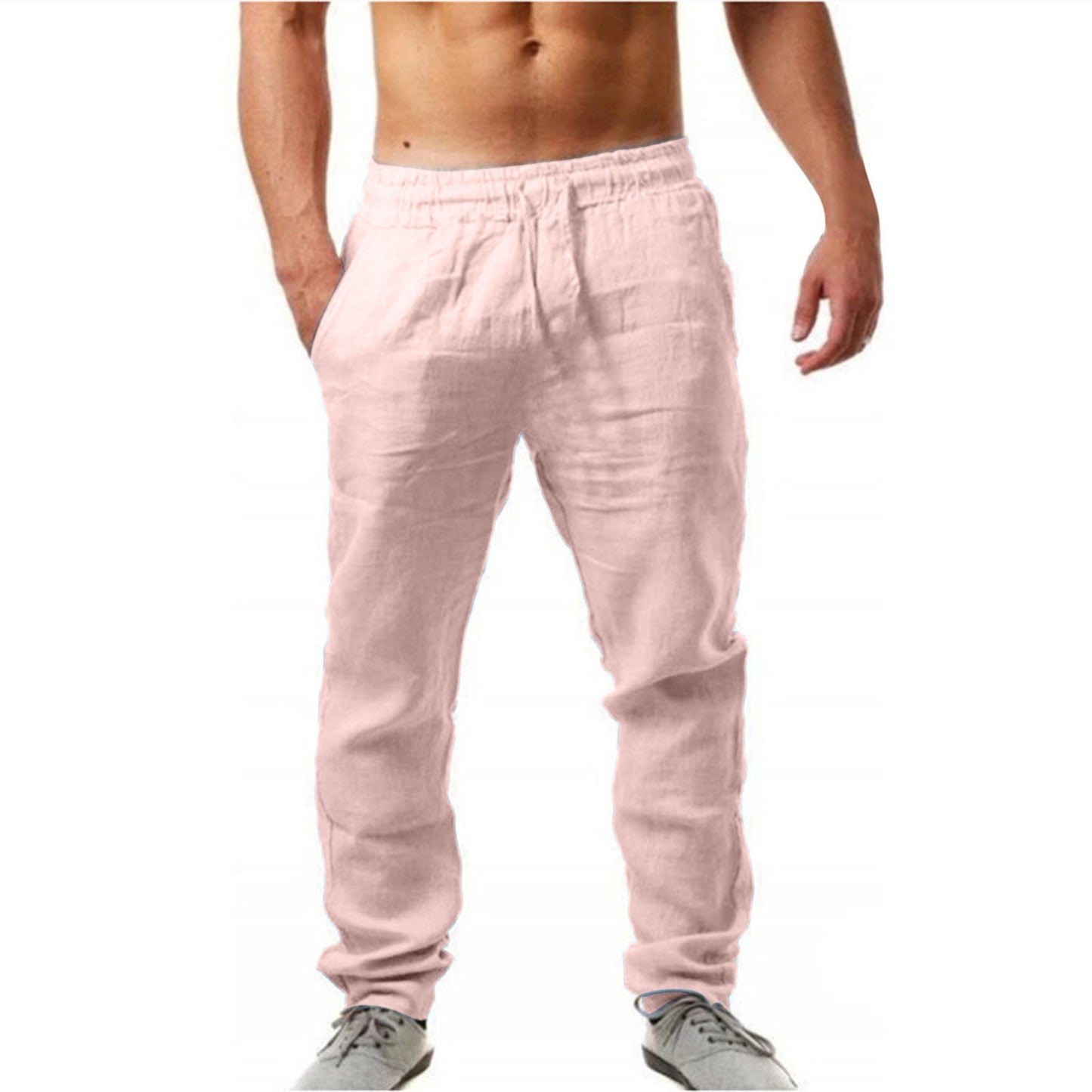 Mens Breathable Cotton Linen Casual Trousers