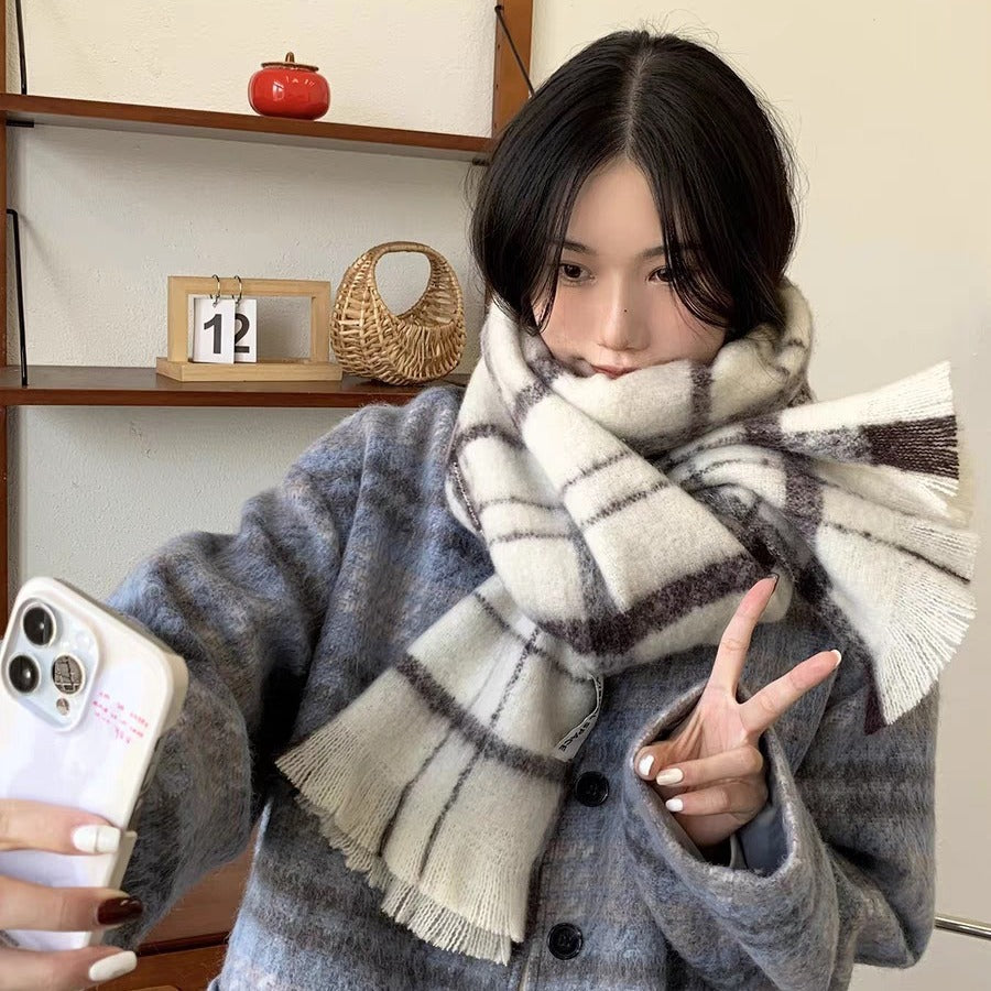 Soft Imitation Cashmere Plaid Scarf with Tassels for Winter