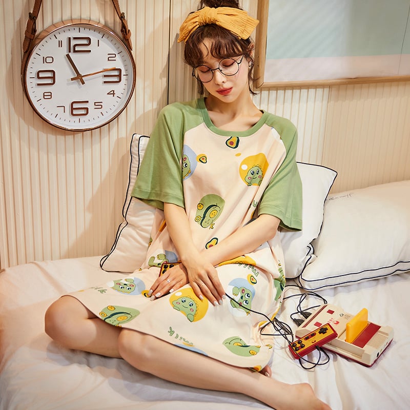 Women's Summer Cartoon Short Sleeve Pajama Dress - Loose Comfortable Home Wear