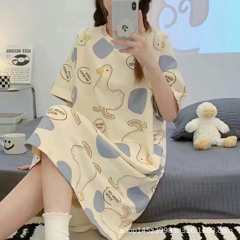 Women's Summer Cartoon Short Sleeve Pajama Dress - Loose Comfortable Home Wear