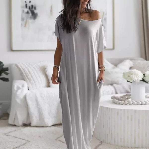 Women's Solid Color Long Casual Dress with Bat Sleeves