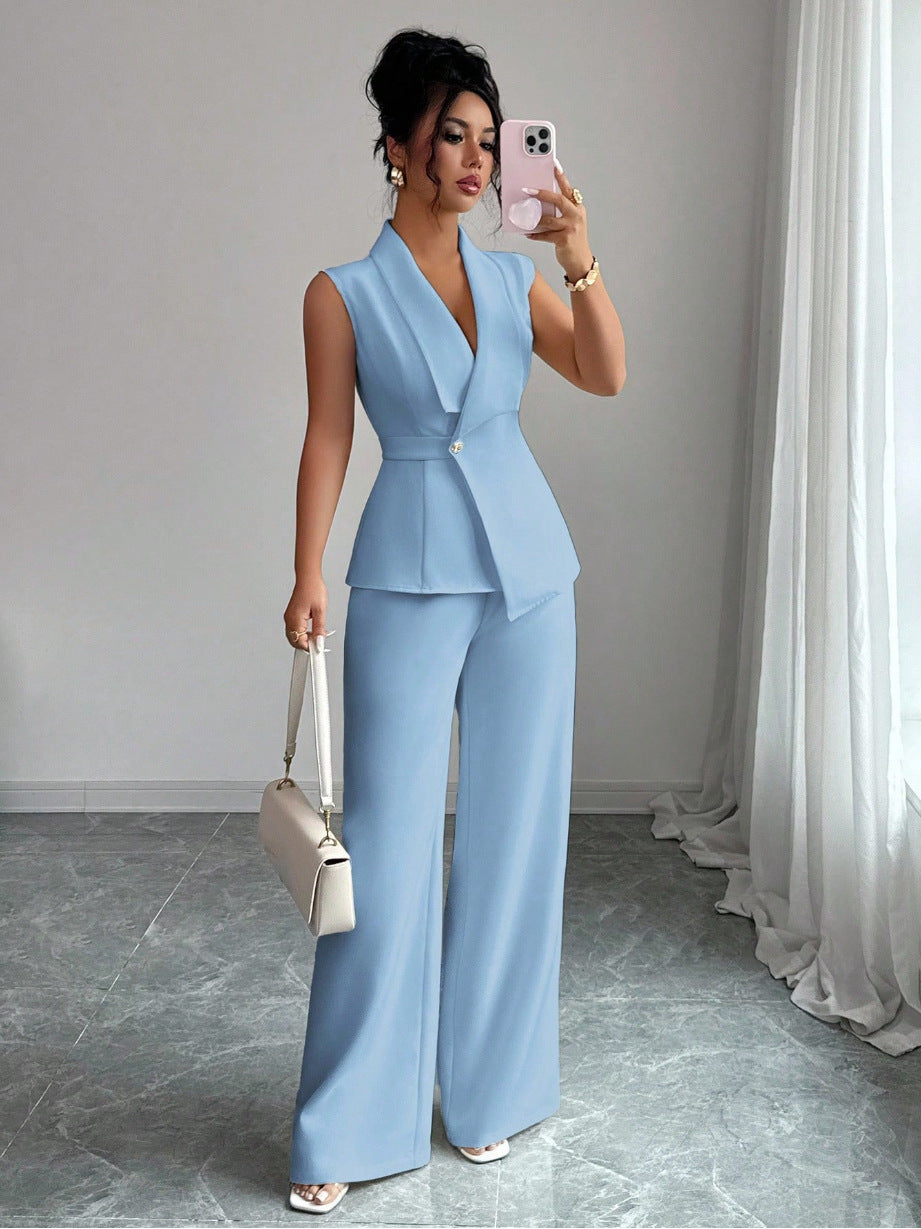 Women Sleeveless Suit and Straight Pants Two Piece Set