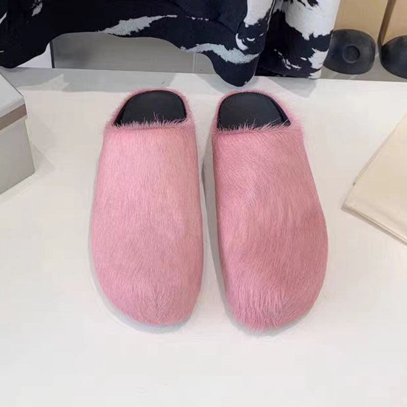 Women's Genuine Leather Horsehair Platform Slippers