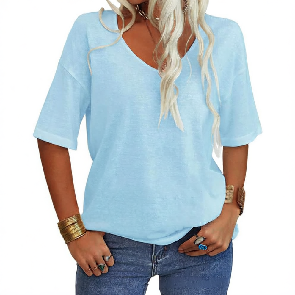 Women's T-shirt, V-neck, half-sleeved, loose shirt