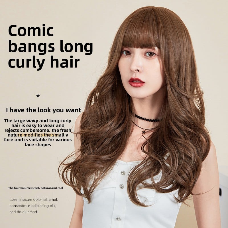Wig Women's Long Hair Full Head Cover Large Wave Long Curly Hair Cyber Celebrity Cartoon Bangs Face Realistic Natural Wig Cover
