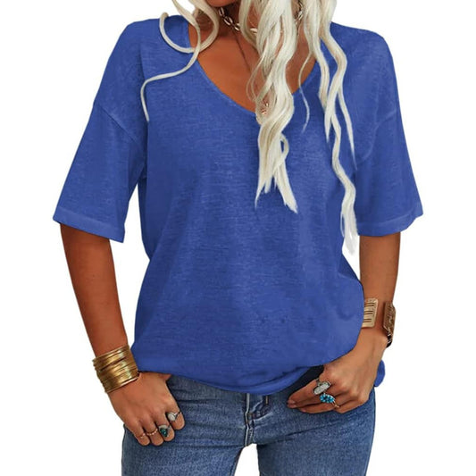Women's T-shirt, V-neck, half-sleeved, loose shirt