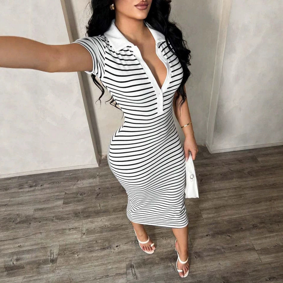 Polo Collar Striped Bodycon Midi Dress