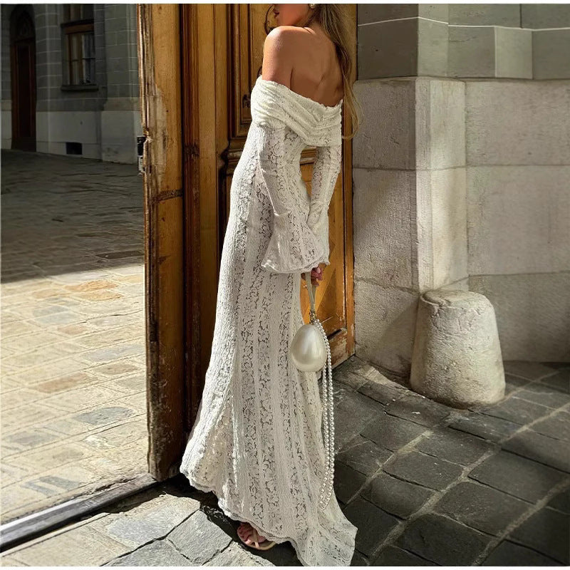 Fashionable and sexy one-shoulder cinched waist lace long dress