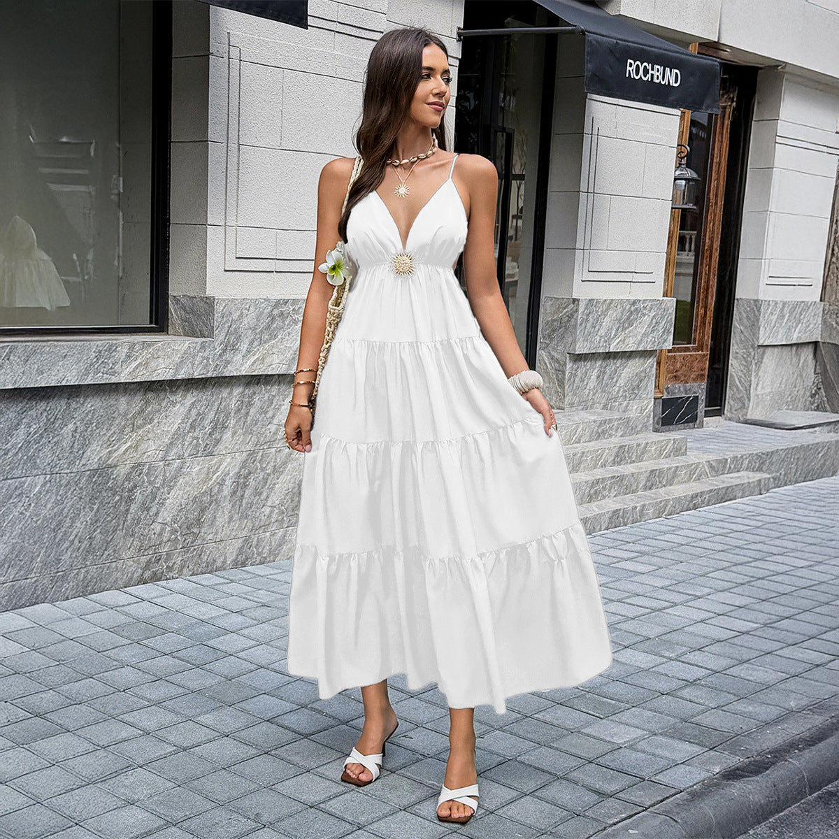 Womens Elegant Spaghetti Strap A-Line Long Dress