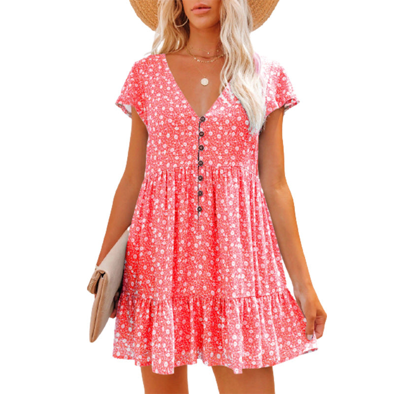V-neck button small floral short-sleeved dress