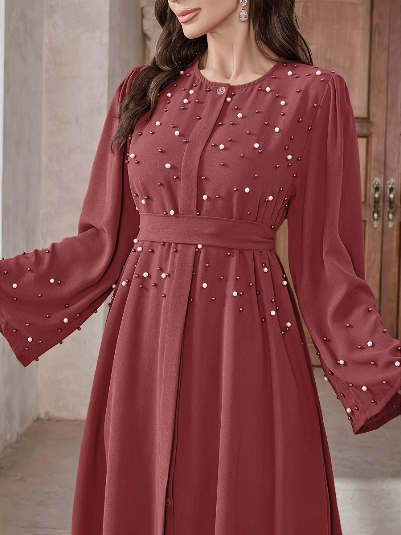 Long-sleeved pearl long dress