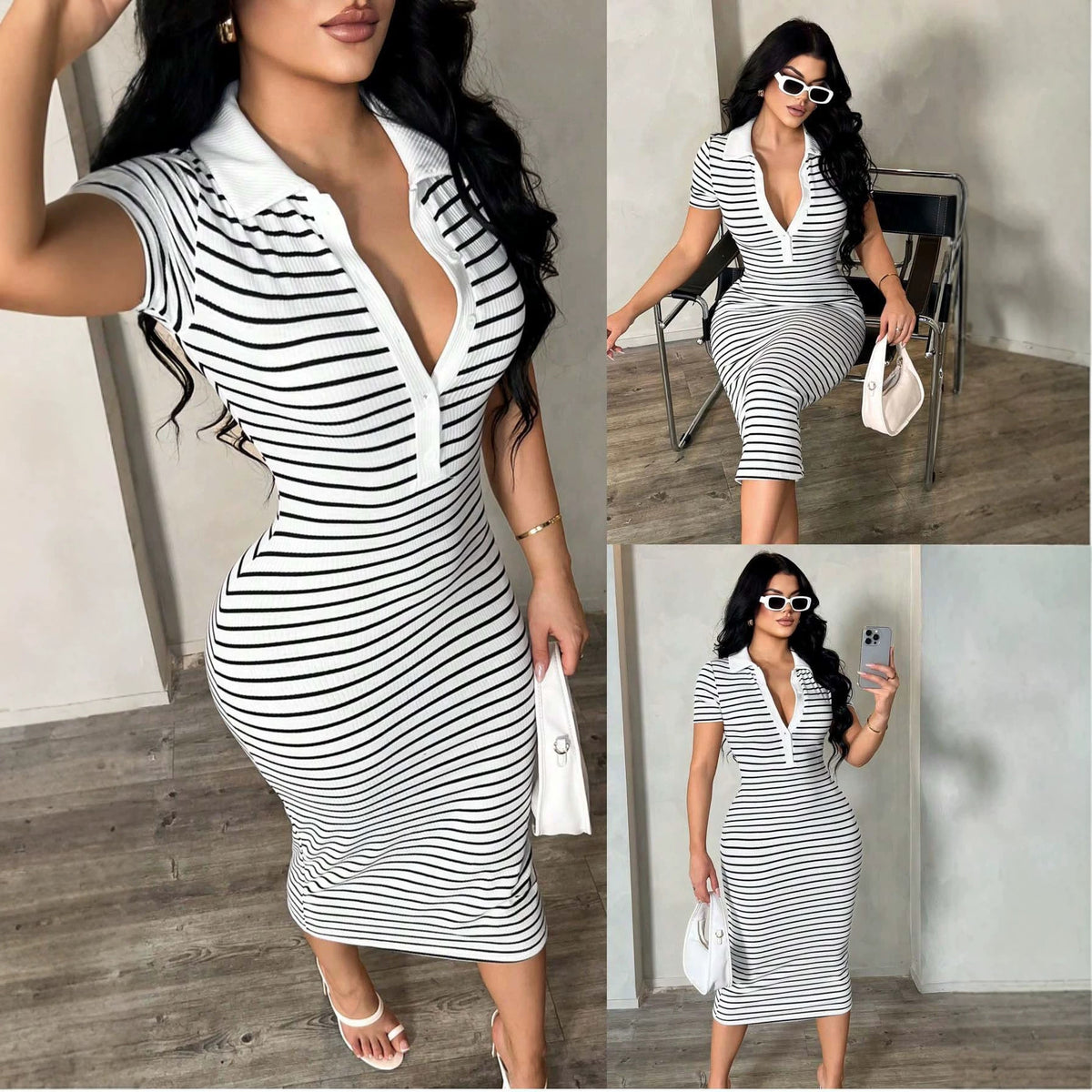 Polo Collar Striped Bodycon Midi Dress