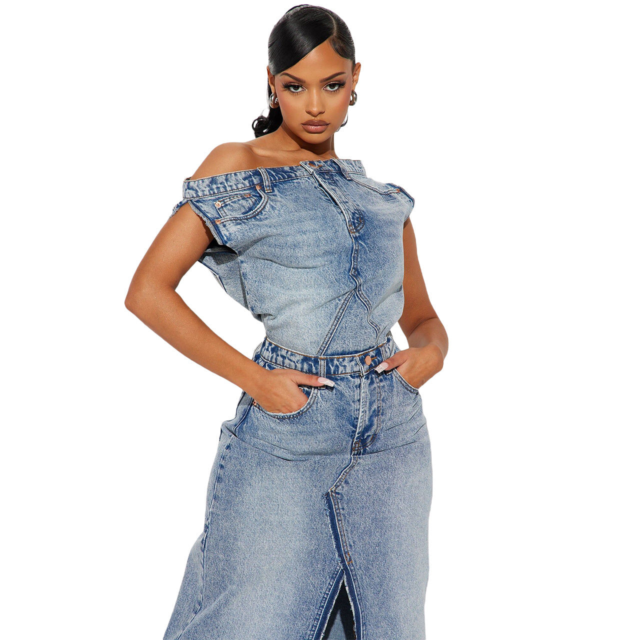 Women's Denim Skirt Suit Retro Split Design