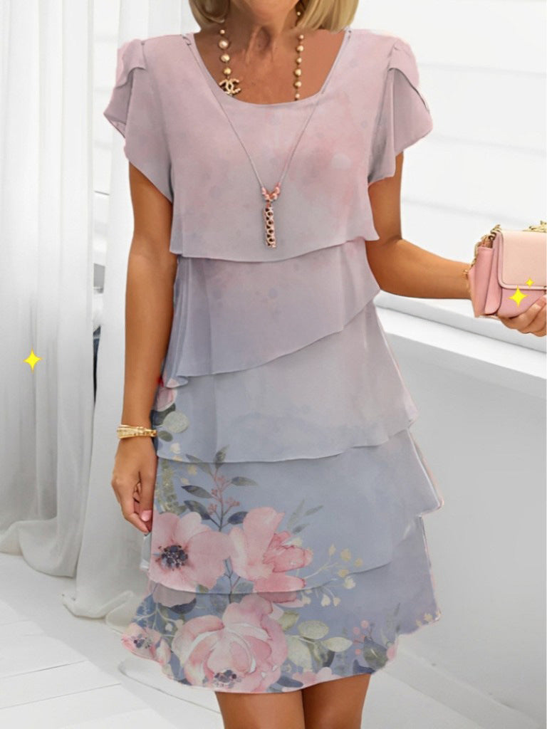 Short Sleeve 3D Printed Chiffon Dress