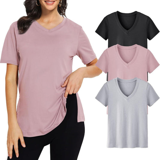 V-neck loose, straight-shoulder short-sleeved T-shirt