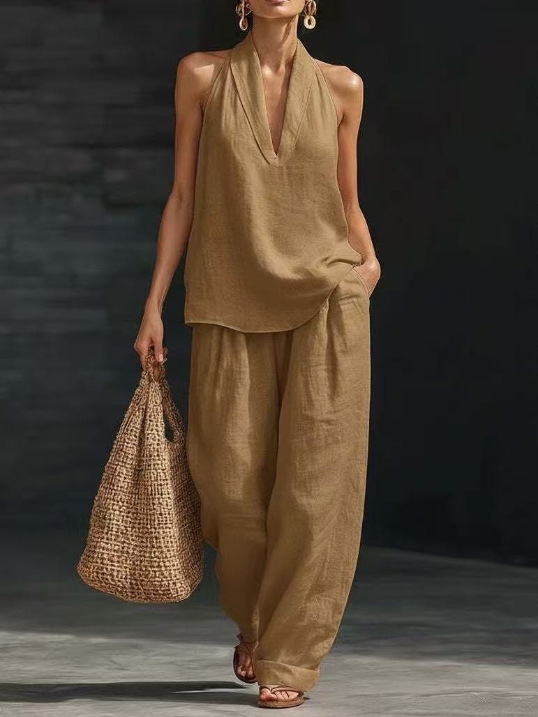 Womens Halter Neck Sleeveless Casual Two-Piece Set
