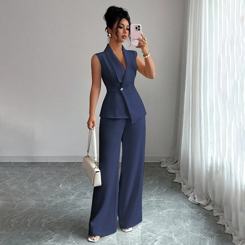 Women Sleeveless Suit and Straight Pants Two Piece Set