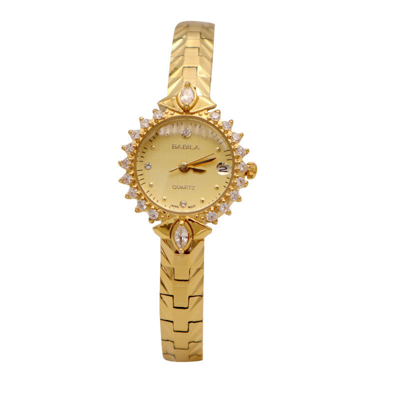Diamond-encrusted relief bracelet, elegant quartz small gold watch