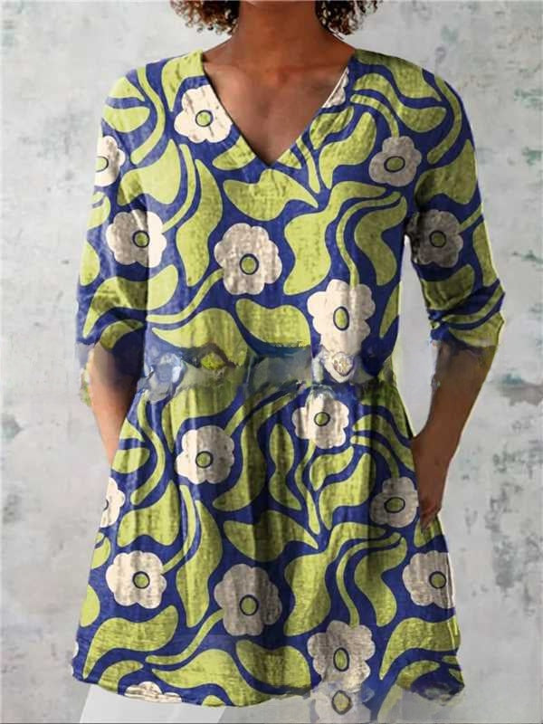 Womens Loose Digital Print V-Neck Short Sleeve T-Shirt