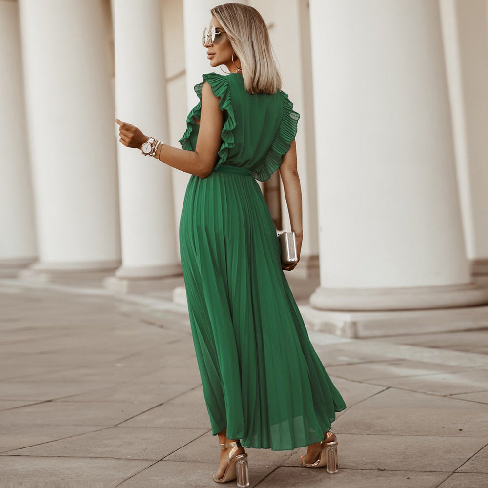Elegant Beach Long Dress Fashion Slim Fit Sexy Lotus Sleeve Chiffon Pleated Dress Solid Color Dress