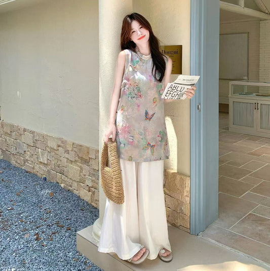 Sleeveless jacquard mid-length cheongsam