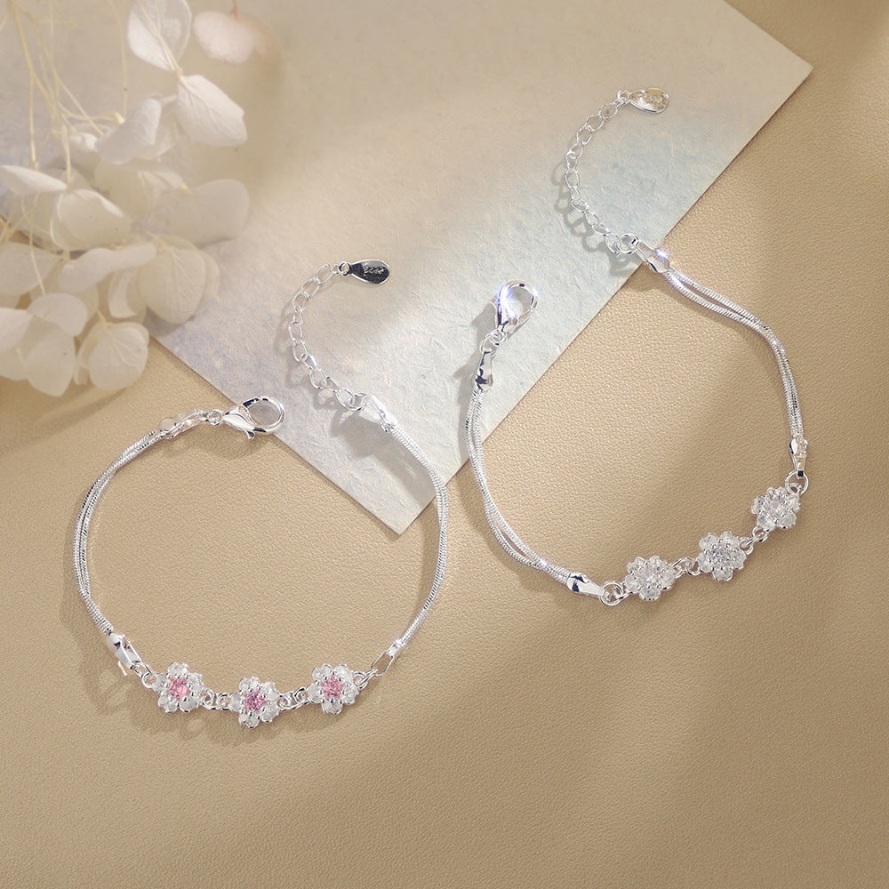 Pink Cherry Blossom Zirconia Double Layer Bracelet
