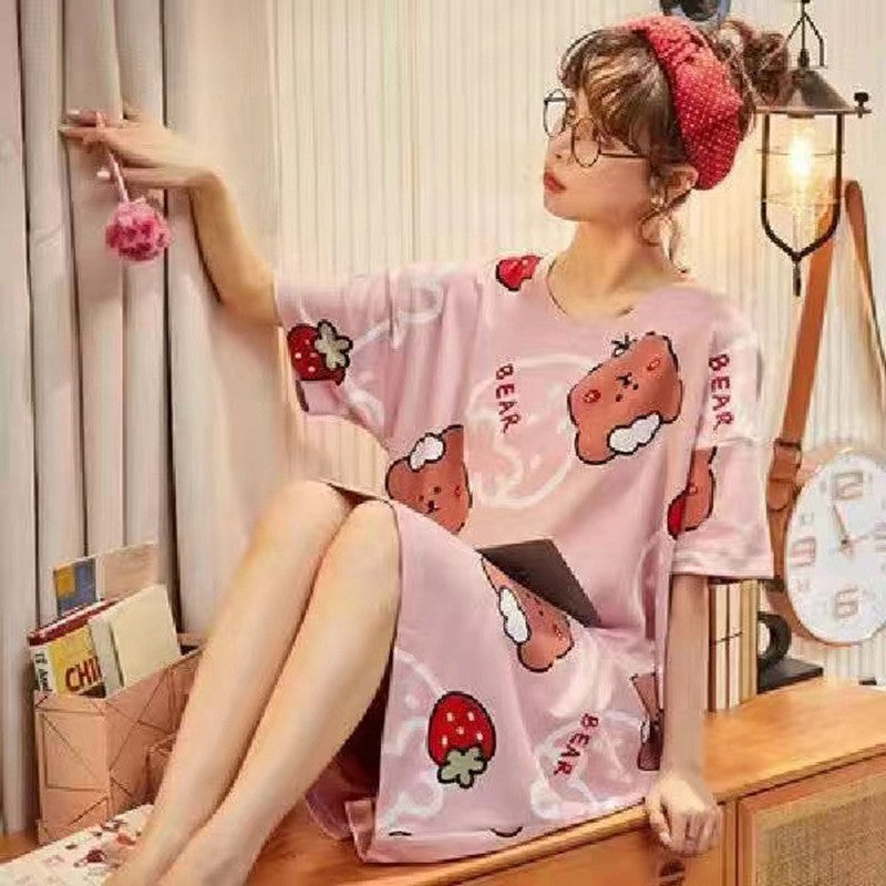 Women's Summer Cartoon Short Sleeve Pajama Dress - Loose Comfortable Home Wear
