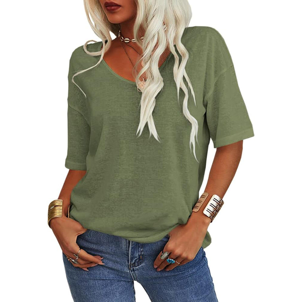 Women's T-shirt, V-neck, half-sleeved, loose shirt