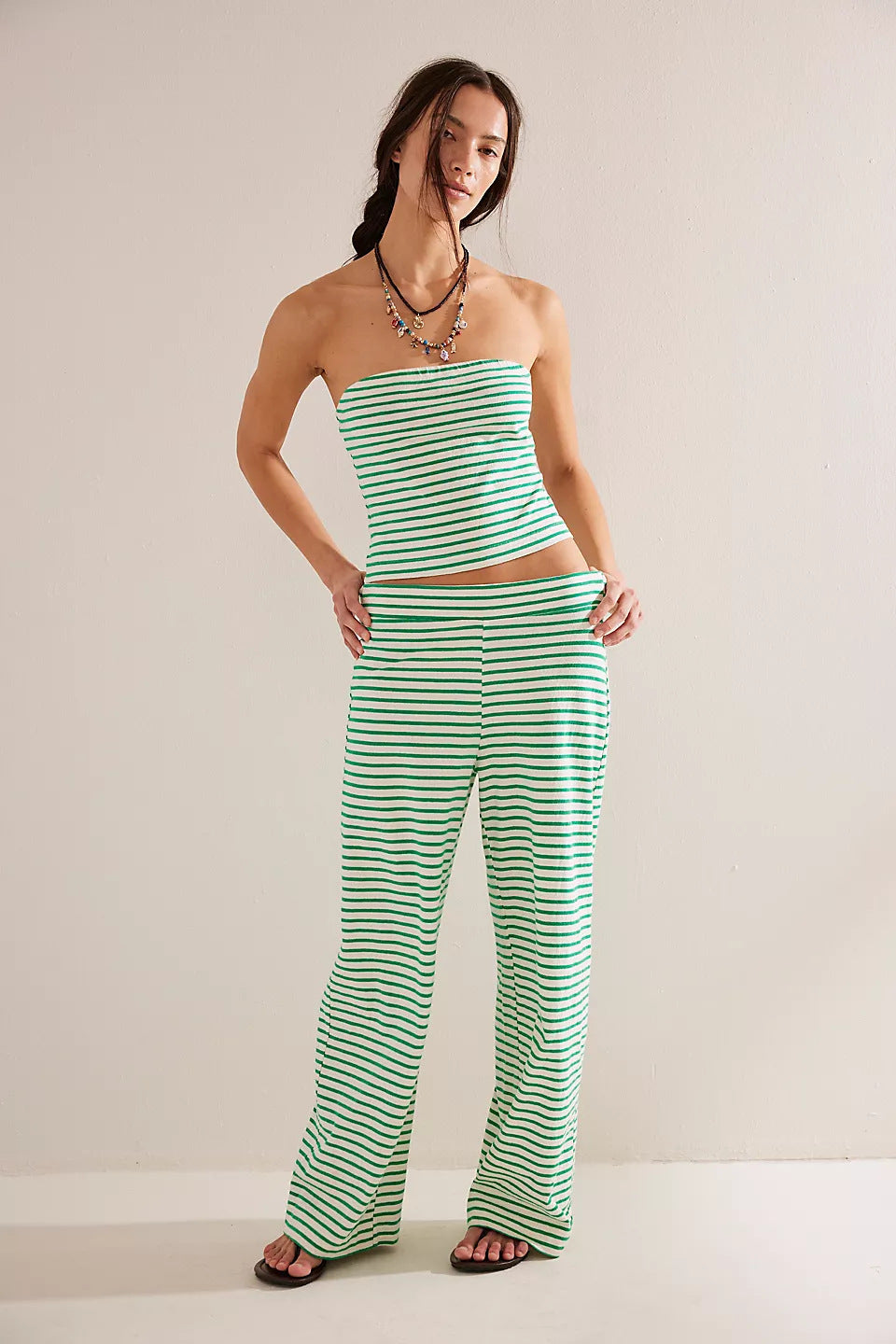 Striped strapless top and trousers two-piece set