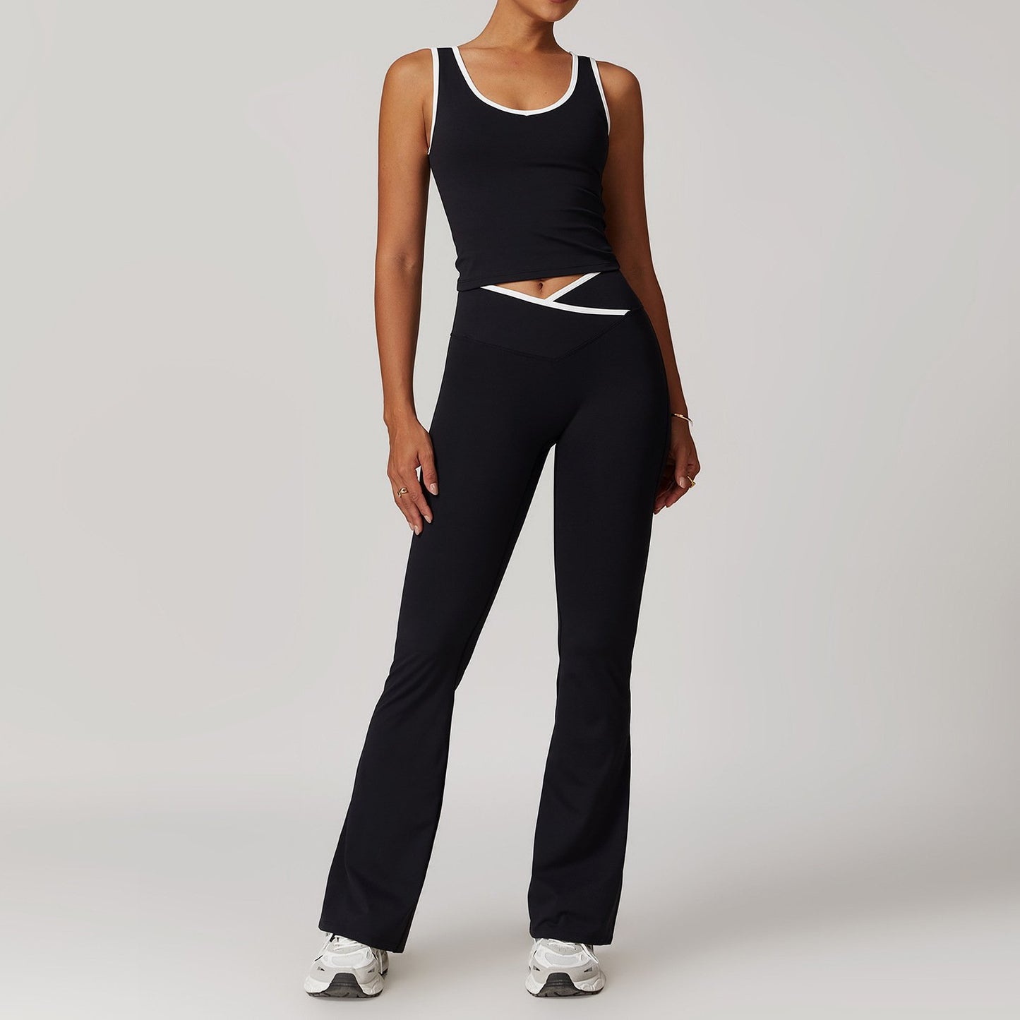 Contrast Color Sexy Tight Fitness Clothes suit V-Neck Sports Vest Quick-drying High Waist Cross Hip Lifting Yoga Flared Pants