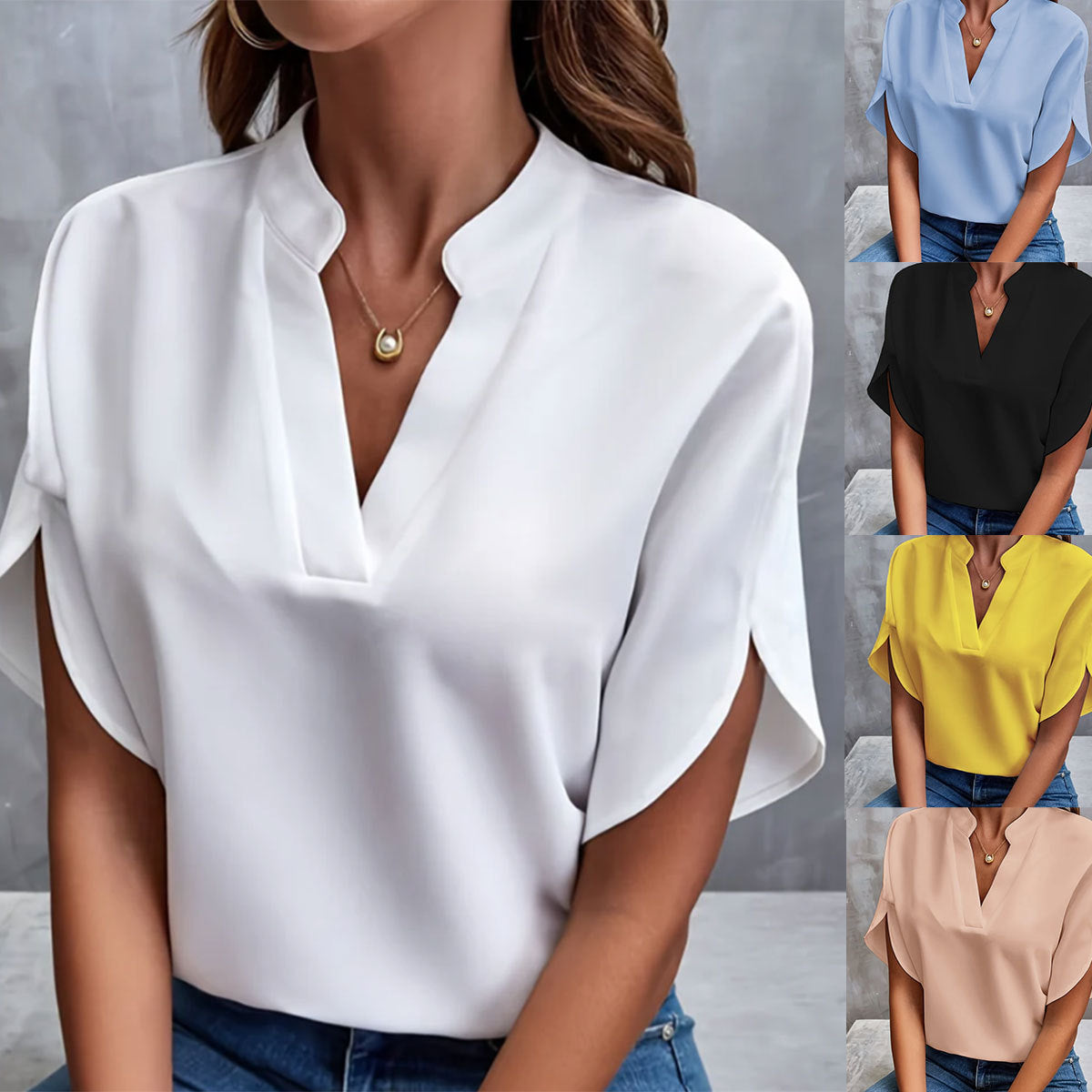 Womens Casual Solid Color V-Neck Loose Short Sleeve Blouse