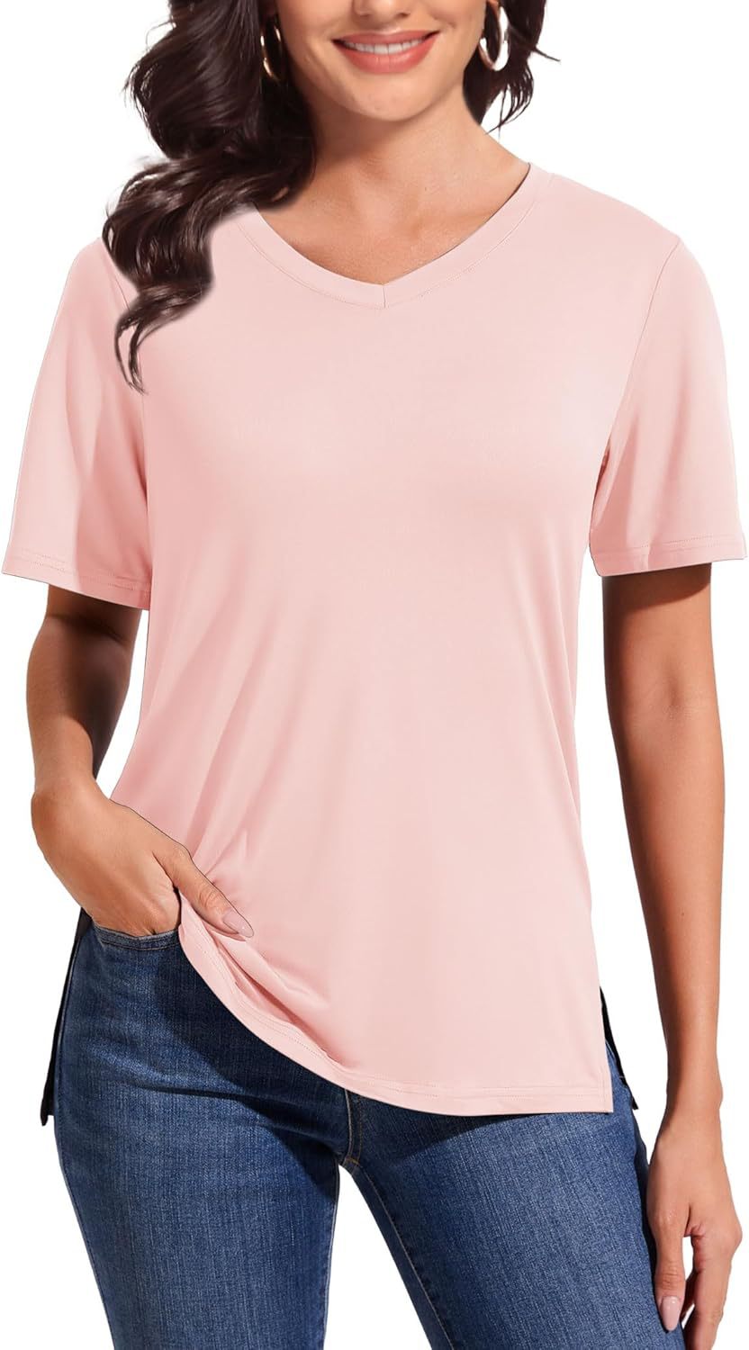 V-neck loose, straight-shoulder short-sleeved T-shirt