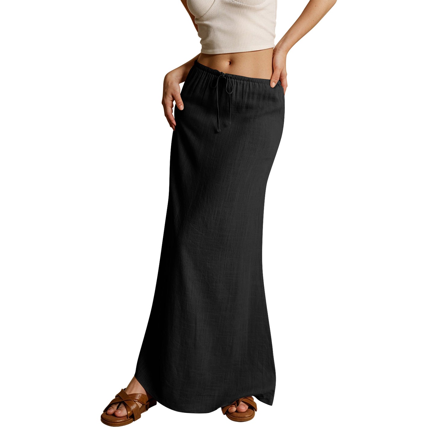 Women's solid-color drawstring elastic waist mid-length skirt