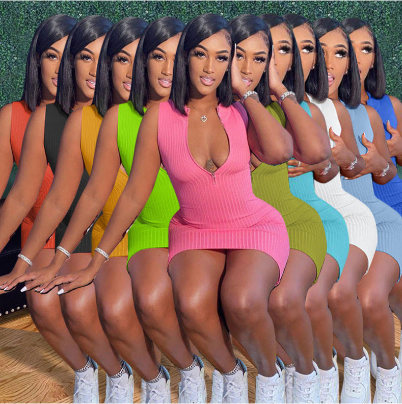 Women's Ribbed Zipper Slim Fit Sleeveless Dress